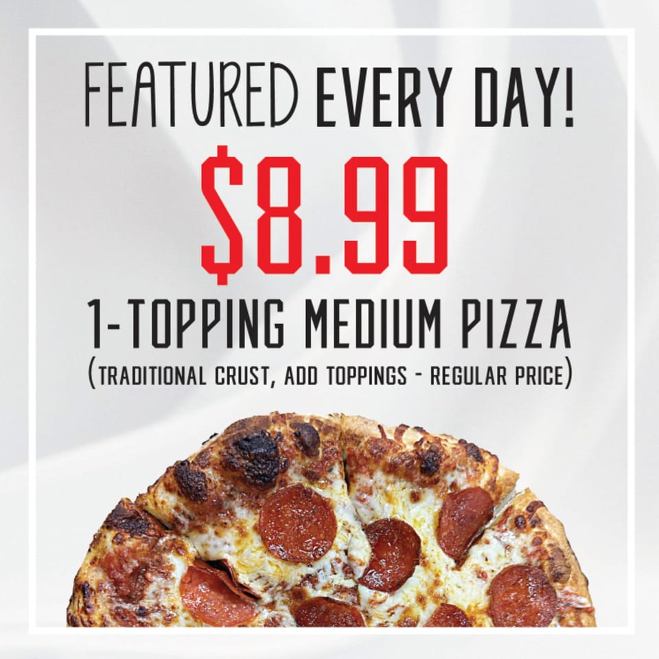 Hindsight Pizza's $8.99 medium 1-topping pizza deal with a pepperoni pizza.