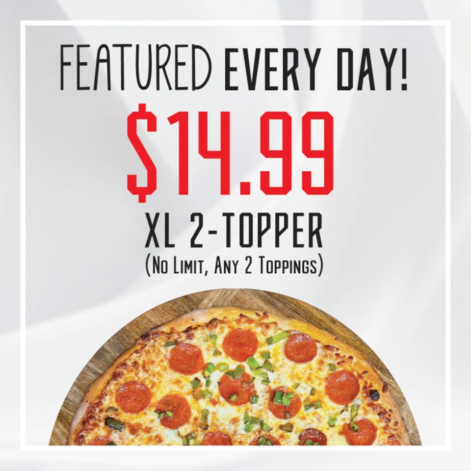 Hindsight Pizza's XL 2-Topper pizza with pepperoni and green peppers, priced at $14.99.