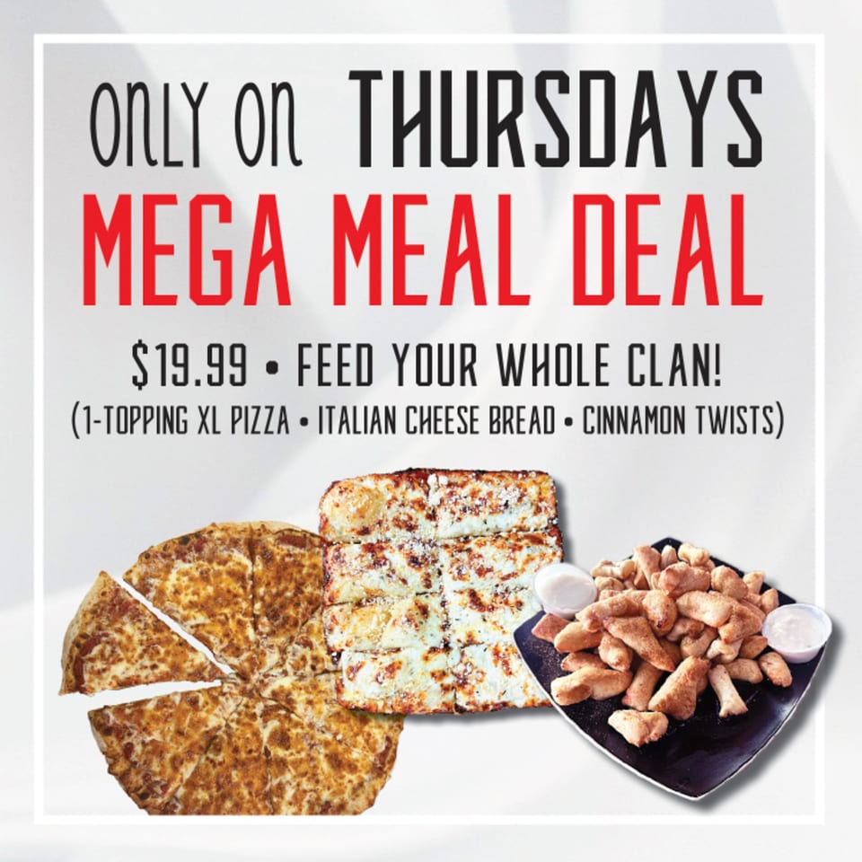 Hindsight Pizza's Mega Meal Deal with an XL pizza, Italian cheese bread, and cinnamon twists.