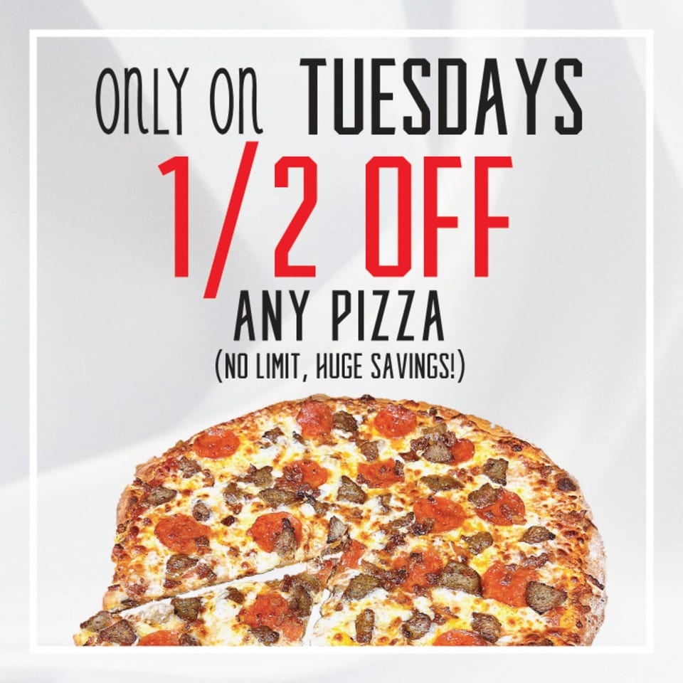 Hindsight Pizza advertisement for 1/2 off any pizza on Tuesdays, with a pepperoni and sausage pizza.